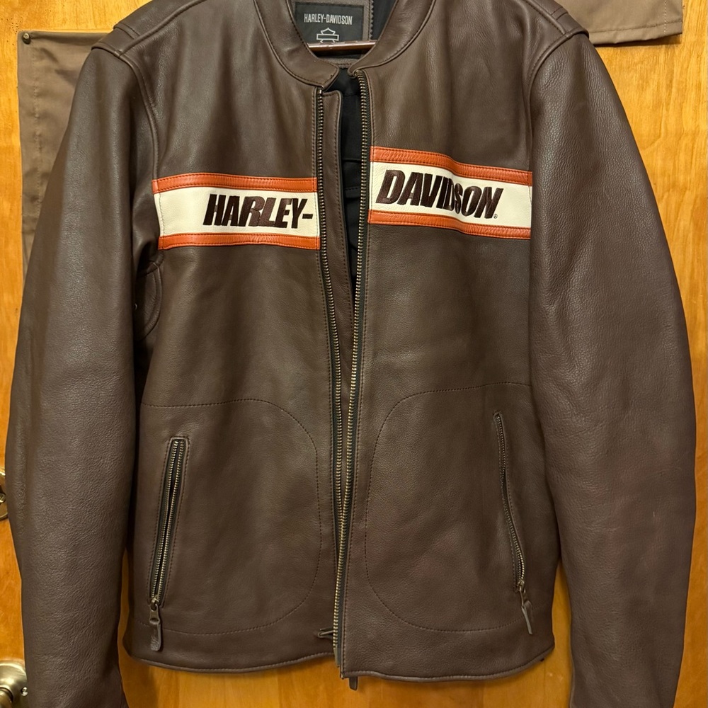 Harley-Davidson Brown Leather Jacket with White & Orange Chest Stripes